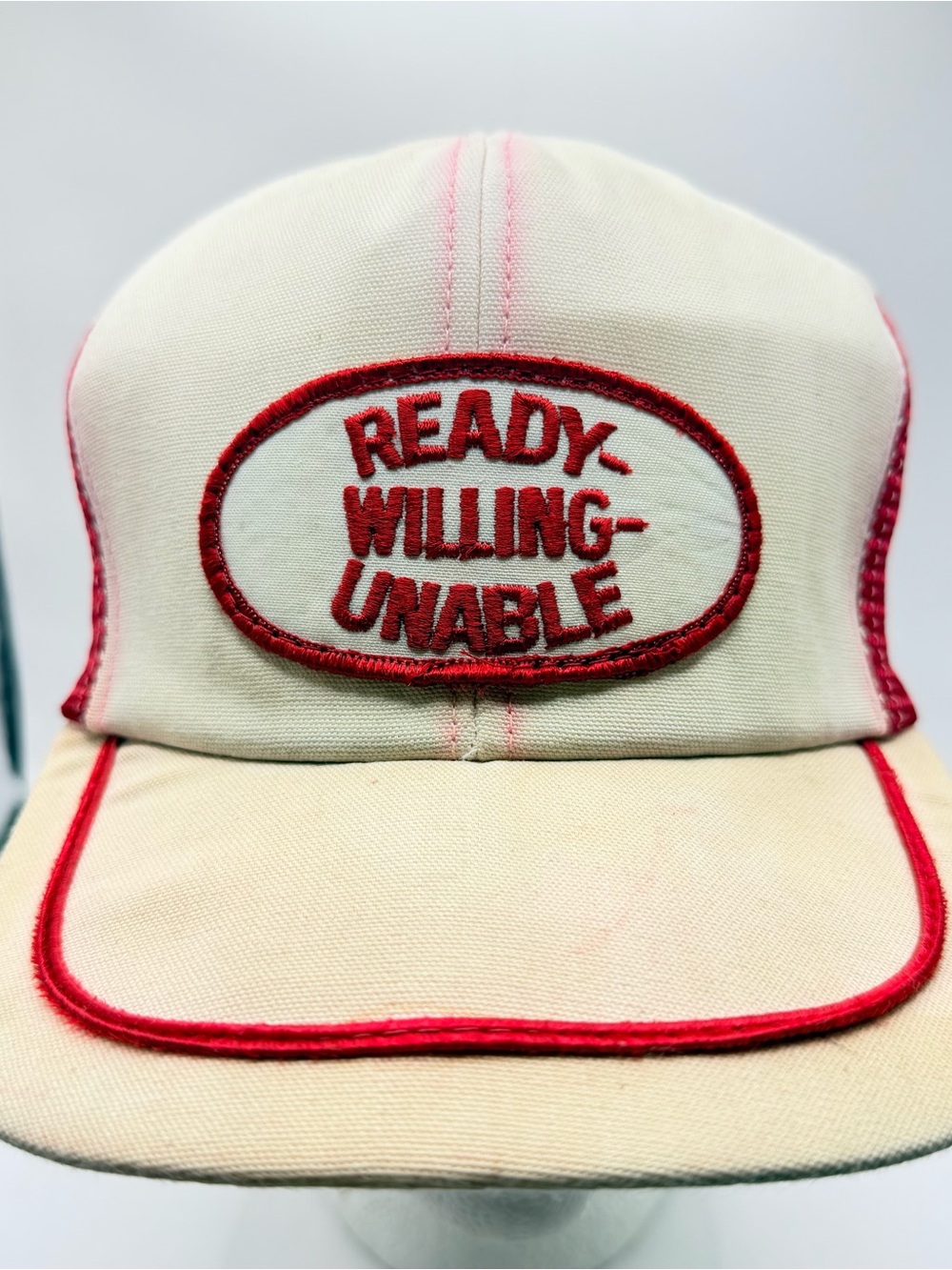 Vintage Trucker Hat USA Made SnapBack Ready Willing Unable Patch Humor SnapBack
